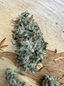 Close-up of a cannabis bud on a wooden surface.