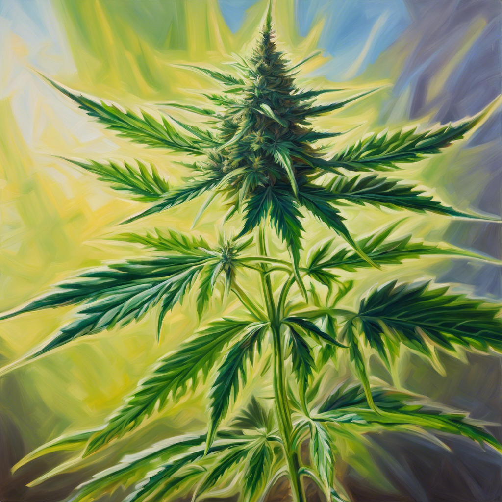 Cannabis plant with large green leaves and a dense bud, against a yellow and blue background.