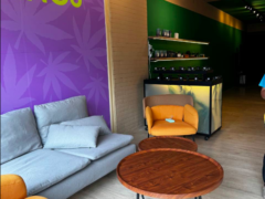 Interior of WeedeN Boat Avenue, Phuket, Thailand; cannabis dispensary with lounge area and display of products.