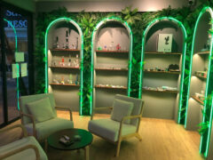 Interior of WeedeN Lamai Club cannabis shop in Koh Samui, Thailand. Bongs, smoking accessories, and lounge area are visible.
