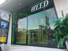 WeedeN Kata Beach cannabis shop exterior, Phuket, Thailand. Features green neon sign and dive tour advertisement.