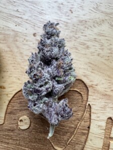 Purple and frosty cannabis bud on a wooden surface.