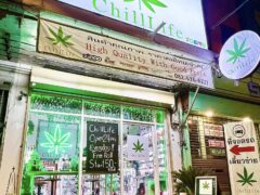 ChillLife cannabis dispensary exterior, near BTS Punnawithi, Bangkok. Open 24/7, weed, bongs & smoking accessories.