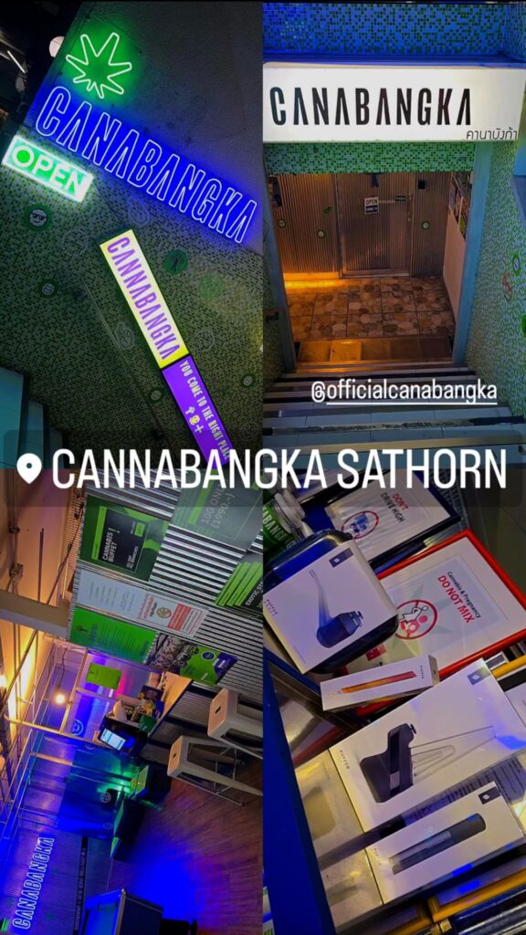 Multiple images showing the Canabangka store, including neon signs, entrance, products, and a store interior.