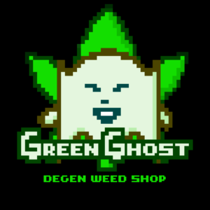 Pixelated logo with a green leaf-shaped ghost with the text "Green Ghost" and "Degen Weed Shop".