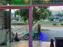 Interior view through a doorway, with a green cannabis leaf neon sign visible.