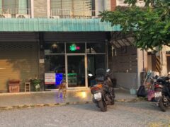 Two-story building with a dog, motorcycles parked outside a shop with a green cannabis leaf sign.