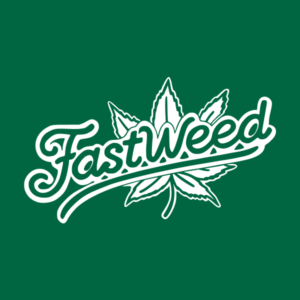 FastWeed logo featuring a stylized cannabis leaf with white outline and text on a dark green background.
