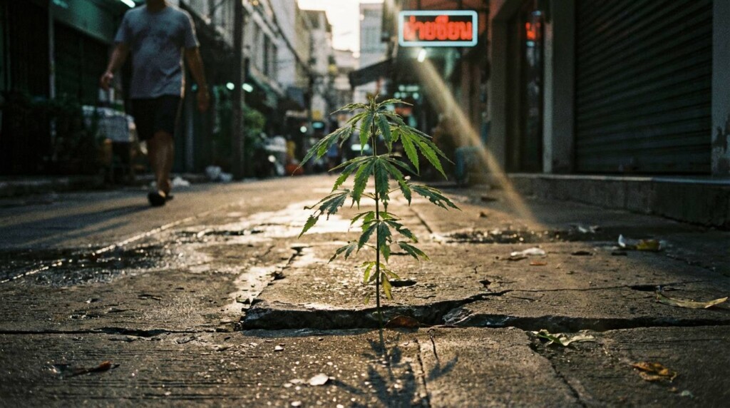 A small cannabis plant grows from a crack in a concrete street, with a person walking in the background.