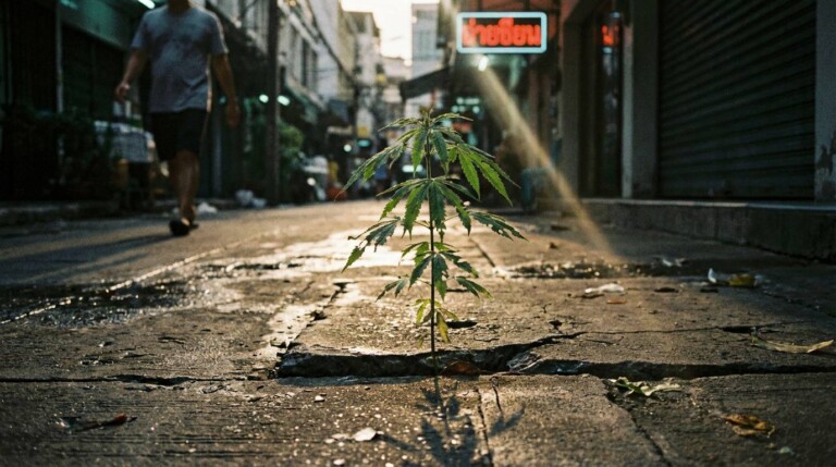A small cannabis plant grows from a crack in a concrete street, with a person walking in the background.