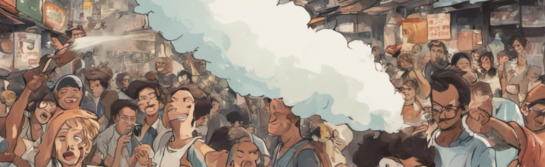 Crowd of people cheering, in a street with tall buildings and signs, a large plume of smoke in the air.
