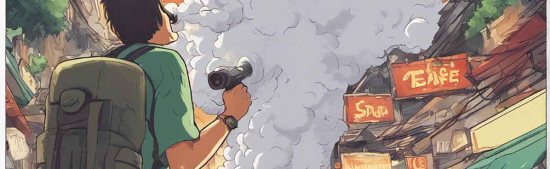 Man with backpack looking through binoculars at large cloud in crowded street with cafe signs.