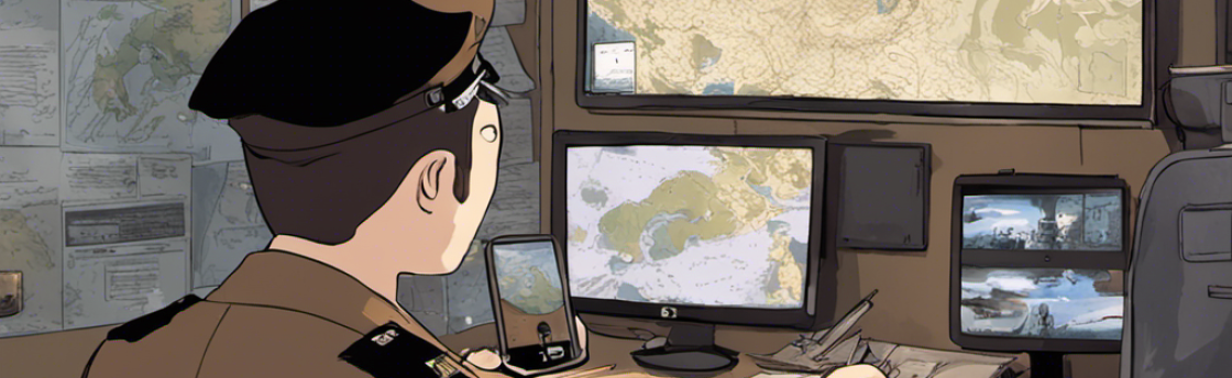 A person in uniform sits at a desk, looking at multiple computer screens displaying maps. The person holds a smartphone. Maps and papers are on the wall behind.