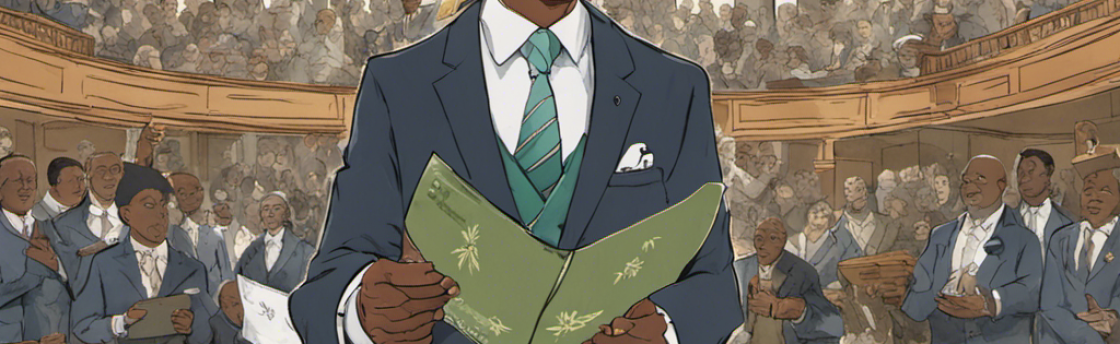 A Black man in a suit, holding a green book, speaks from a podium in a large hall, with a crowd in the background.