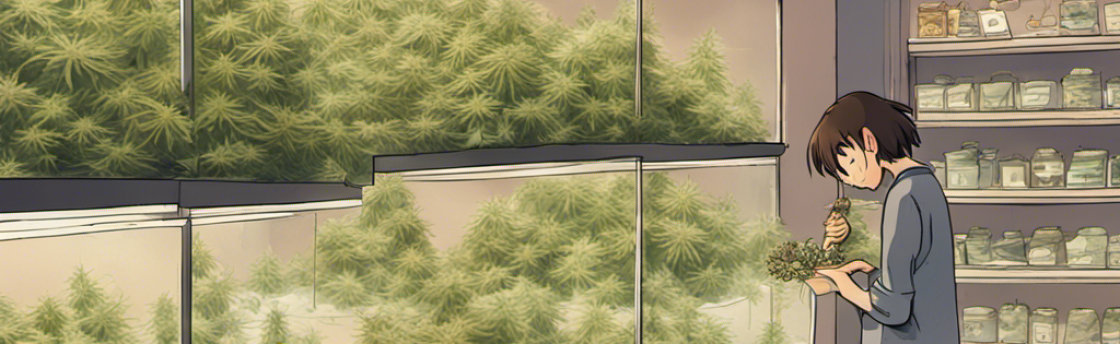 A person examining a plant in a room with large glass cases containing dense, green plants, and shelves of jars.
