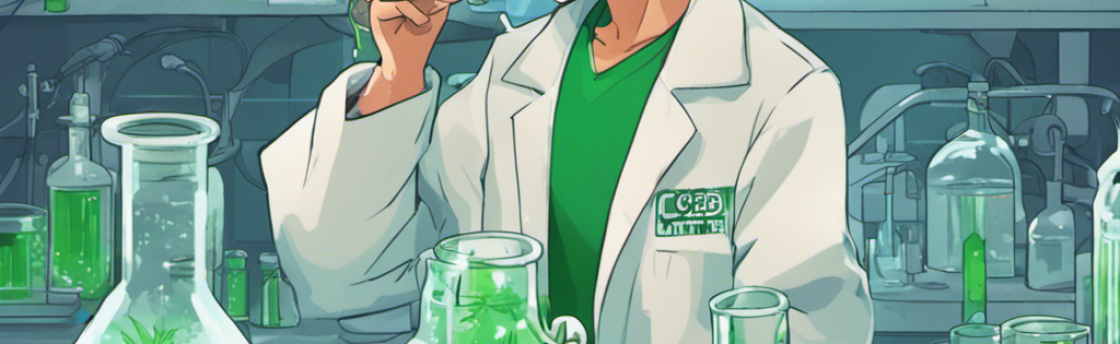 A woman in a lab coat examines cannabis leaves and solutions in glass beakers and flasks.