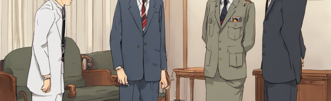 Four men in suits standing in a room with wooden furniture, a curtain, and pictures on the wall. One man wears a white suit.