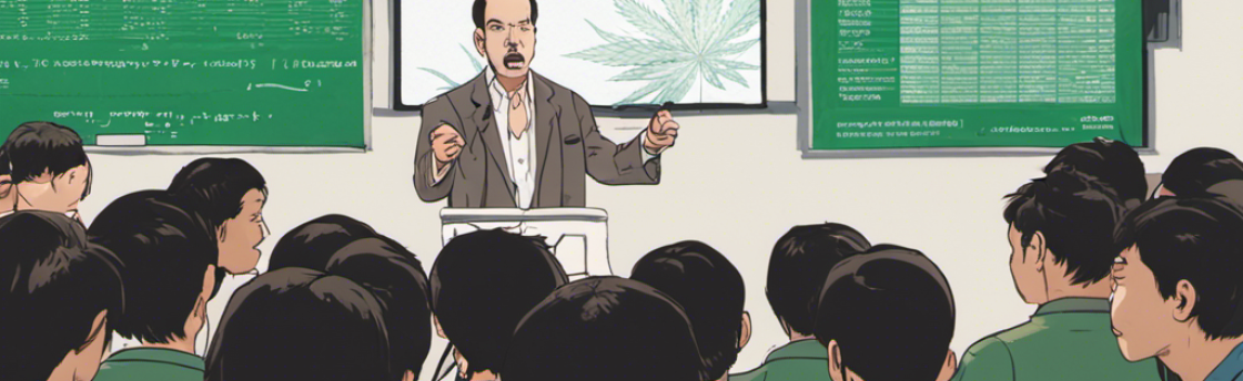 A man lecturing in front of a screen with a marijuana leaf image, surrounded by students in a classroom.