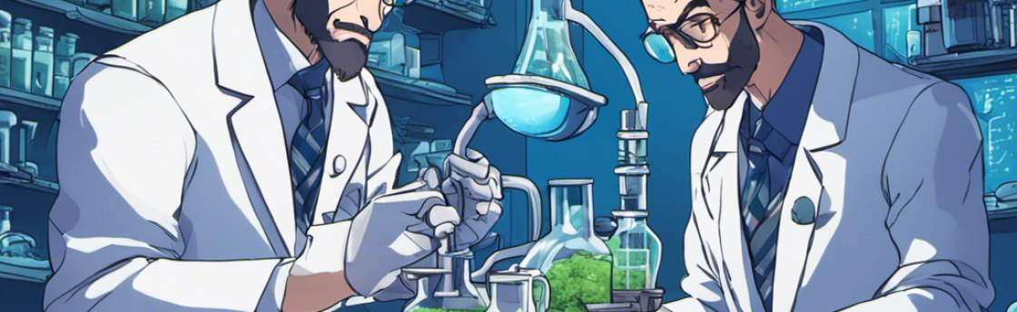 Two scientists in lab coats examining beakers containing green plants. Laboratory setting with shelves of bottles.