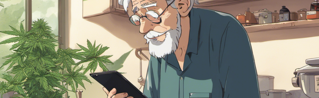 An older man with glasses looks at a tablet, with a cannabis plant and some leaves on the counter.