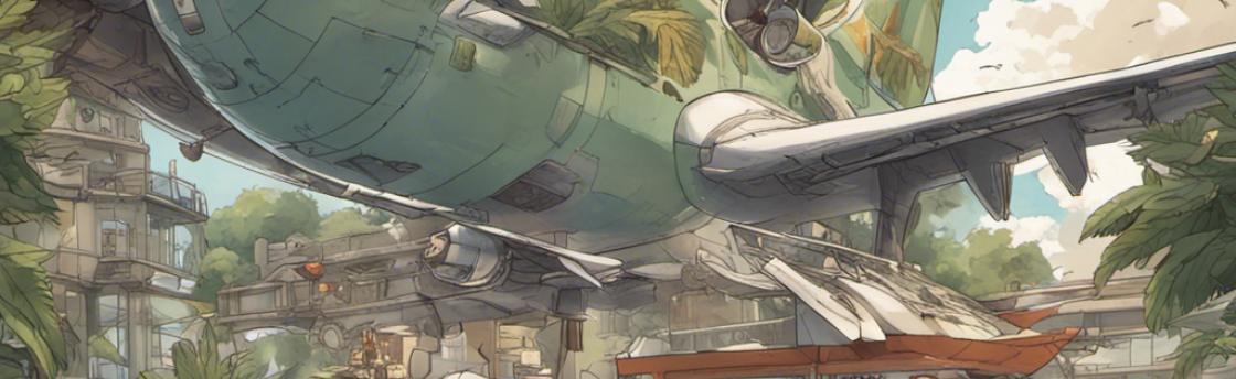 A repurposed airplane hovering over a tropical cafe with patrons, under a blue sky.