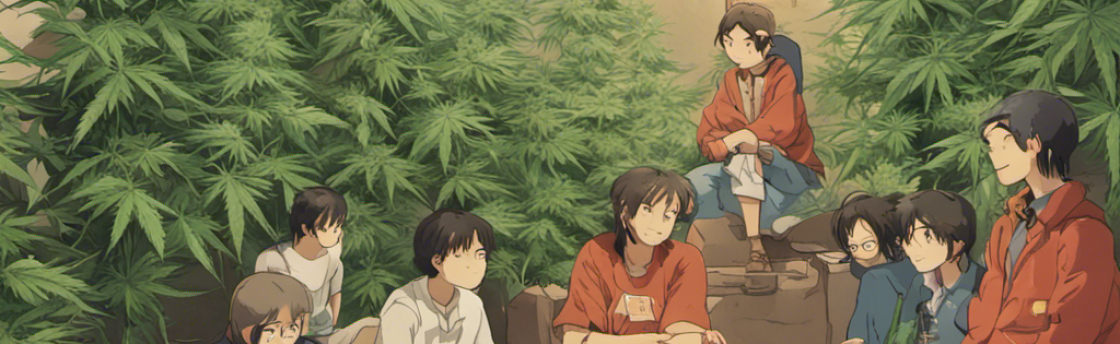 A group of young people sitting amongst several large cannabis plants inside a room with industrial-style lighting.