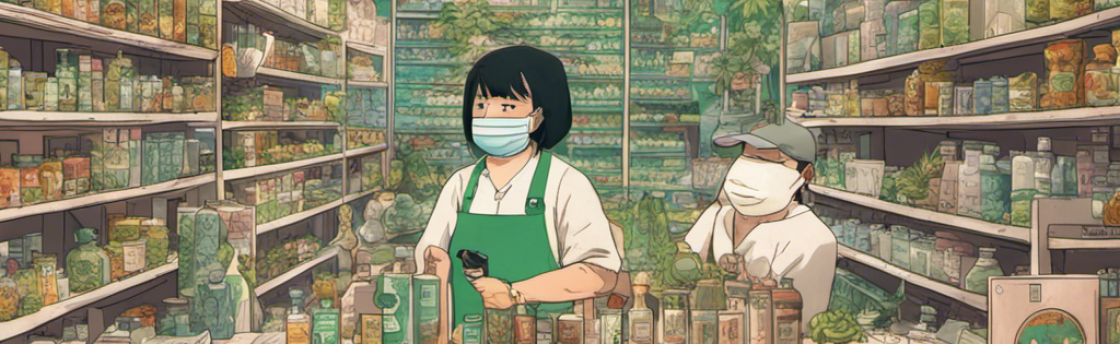 Two masked shop employees stand behind a counter in a herbal apothecary, shelves filled with jars.