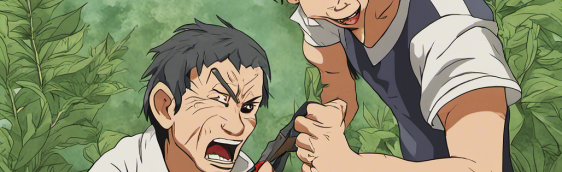 Two men in an anime style struggle over a knife, one man with a white shirt appears wounded. They are surrounded by green foliage.