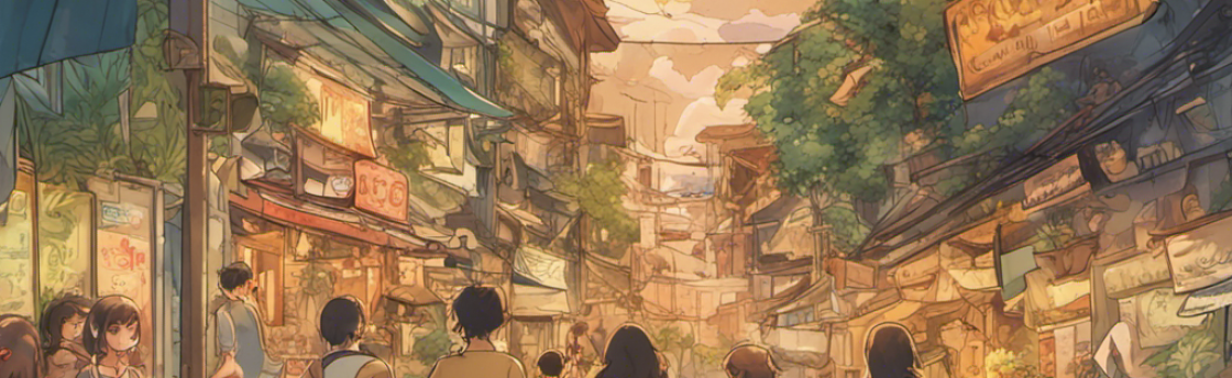 Anime-style illustration of a street in a market at sunset, with a group of people walking towards the sun.