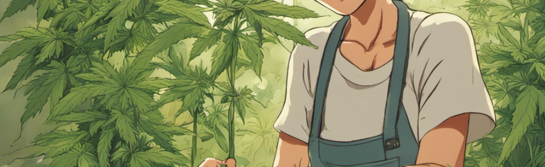 Woman tending cannabis plants in a greenhouse, smiling while pruning a stem.