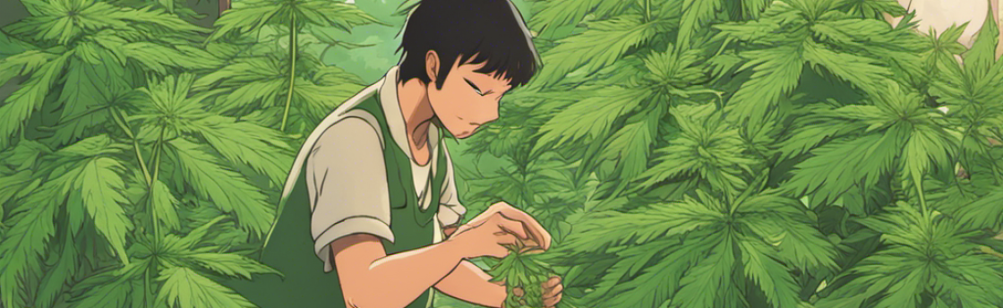 A person tending cannabis plants in a greenhouse, surrounded by potted plants.