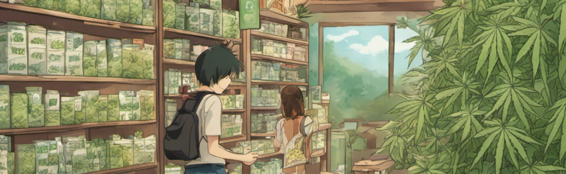 A cartoon illustration of a cannabis dispensary with two customers looking at shelves filled with products. A large marijuana plant is visible to the right.