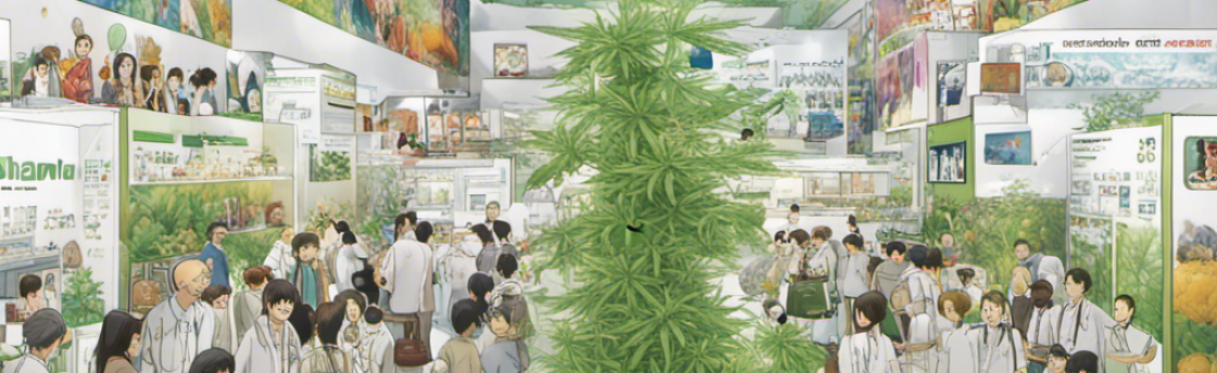 Large cannabis plant in a trade show hall, surrounded by people, signs, and vendor booths.