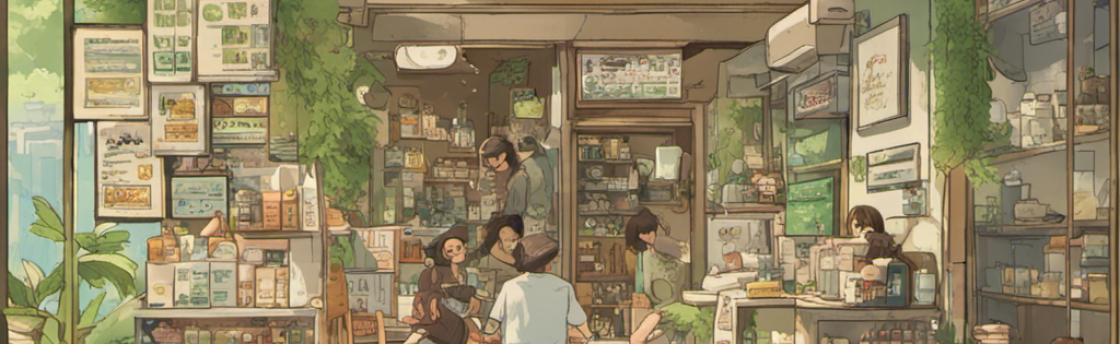 Anime-style shop interior, featuring customers, shelves of products, green sign, and lush greenery.