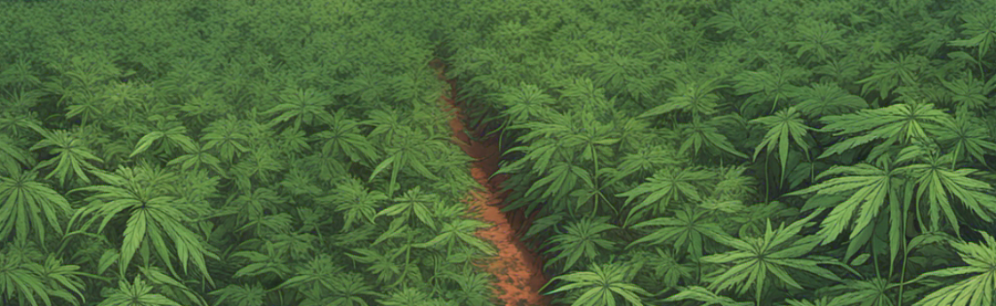 Field of cannabis plants with a dirt path leading towards a sunset, with a house and trees in the background.
