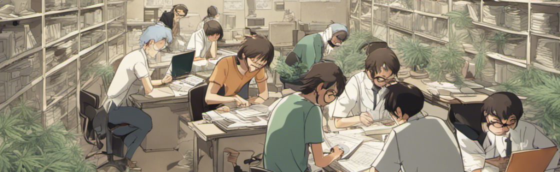 People in a large room with desks and stacks of papers, surrounded by plants. Some people are working on laptops.