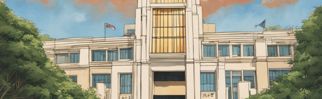 A grand, art-deco style building with a tall central tower, framed by trees and people, under a sky with orange and blue clouds.