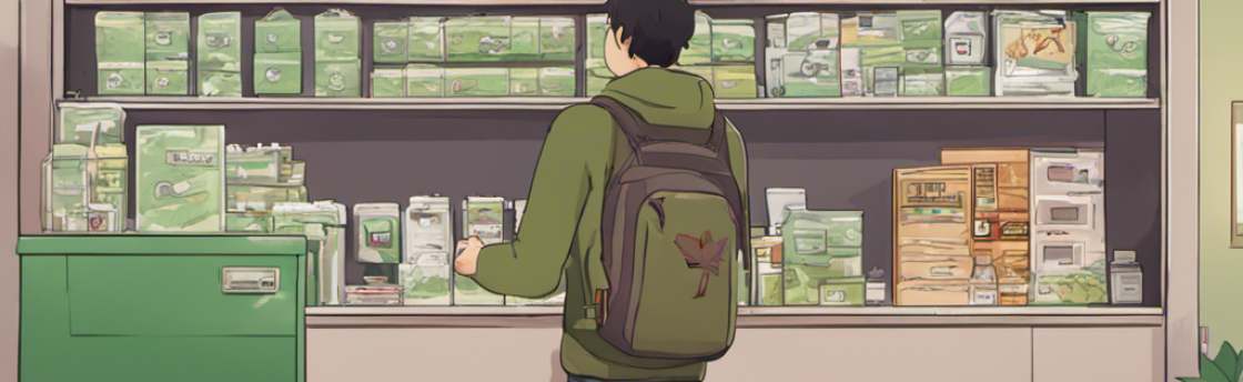 A person with a backpack stands in front of shelves displaying products in a shop; Canadian flags hang overhead.