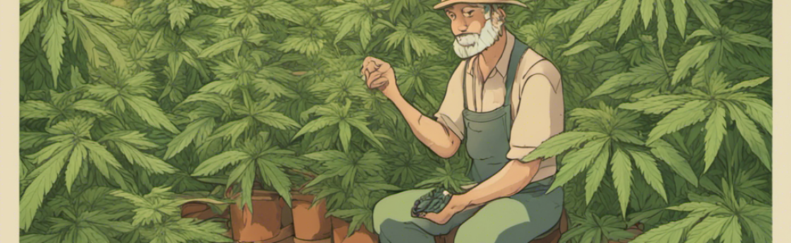 An older man with a beard inspects cannabis plants in a greenhouse.
