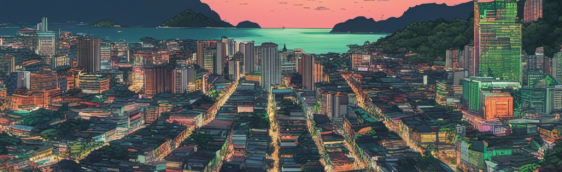 Cityscape with buildings, sea, and mountains under a gradient sunset sky, framed by tropical leaves.