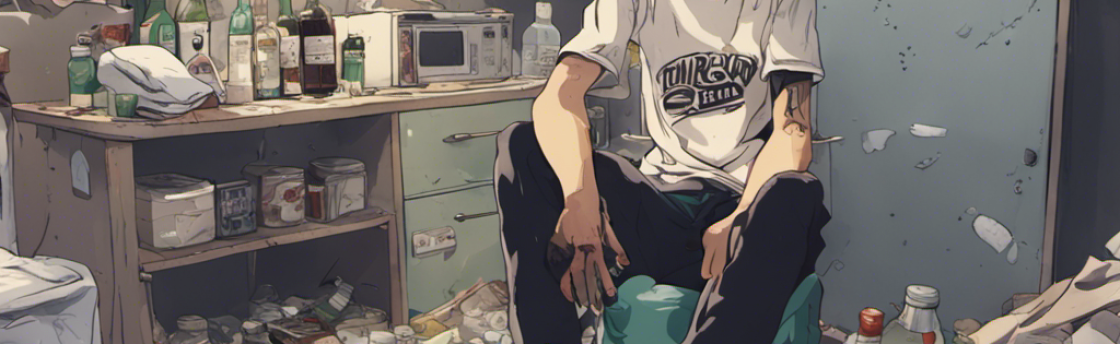 A person sits on a green object in a cluttered kitchen. Many bottles and containers are scattered on the floor.