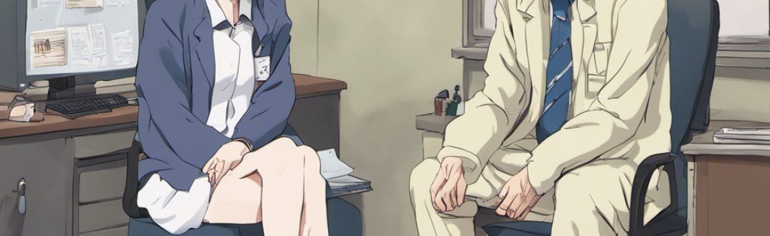 Anime-style office scene with a young woman and an older man.